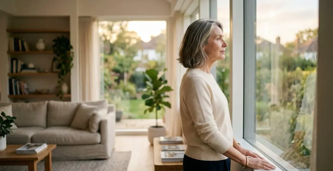 Femme d'une cinquantaine d'années vue de profil, regardant pensivement vers une fenêtre dans un salon baigné de lumière douce