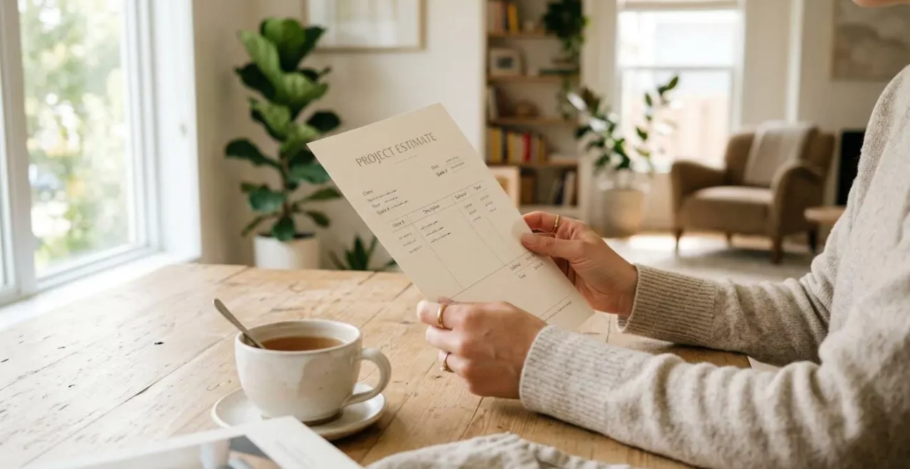 Mains féminines tenant un document dans un intérieur moderne et lumineux, avec une tasse de thé visible sur la table
