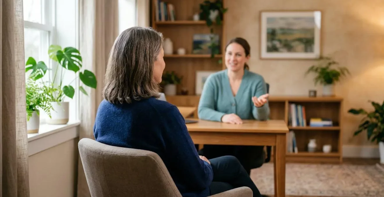 Patiente vue de dos en conversation avec un praticien dans un cabinet médical épuré aux tons chaleureux