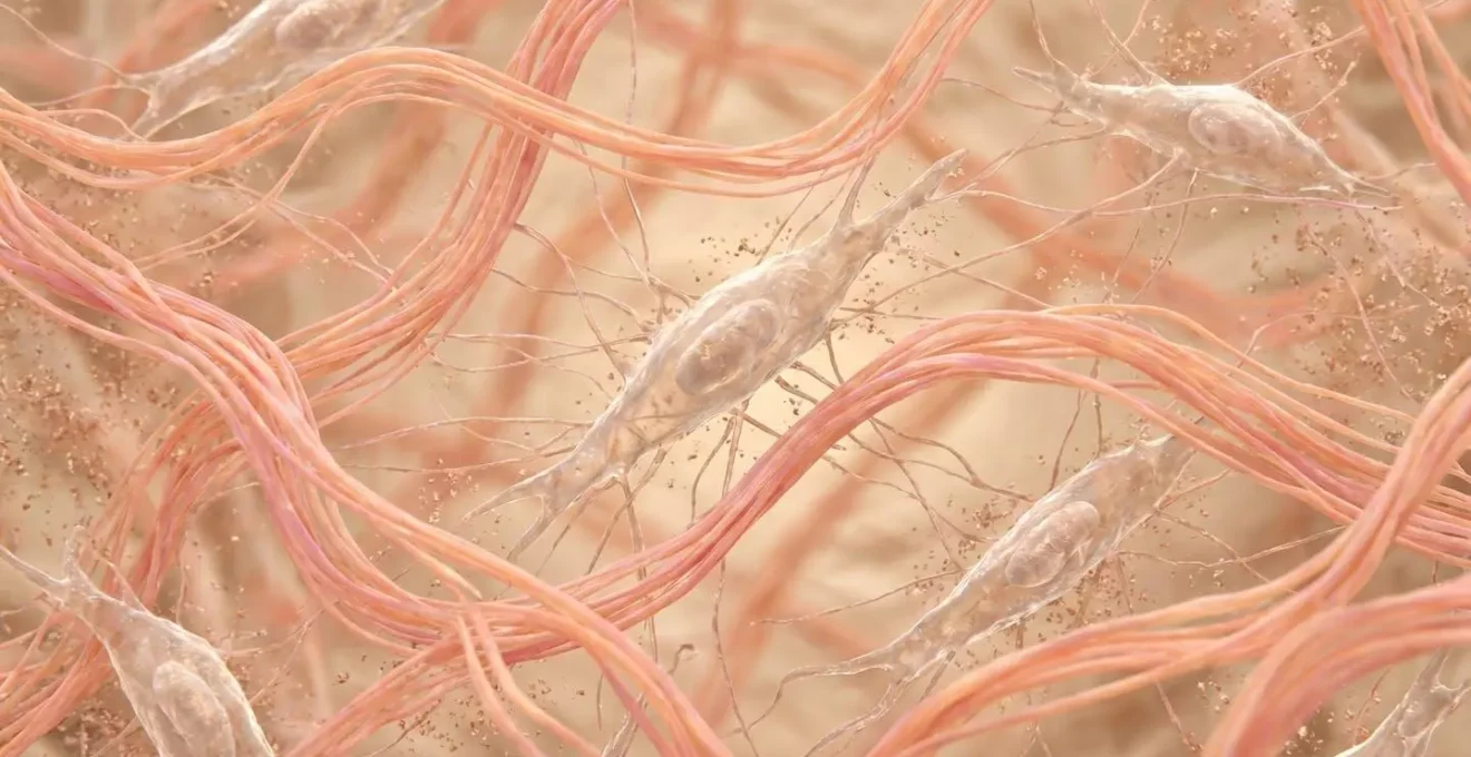 Illustration scientifique de fibroblastes actifs produisant du collagène dans le derme humain lors d'un traitement régénératif